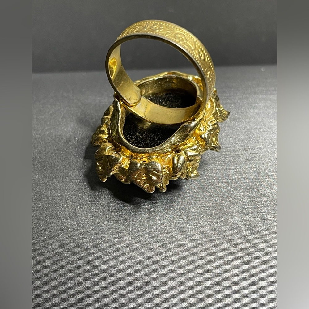 Moroccan Glass Lg Cabochon Gold Tone Leaves Vintage Adjustable Ring Sz 7 - Picture 11 of 12